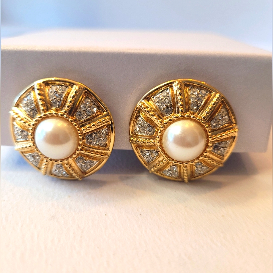 St. John Vintage Gold Plated Pearl Clip On Earrings